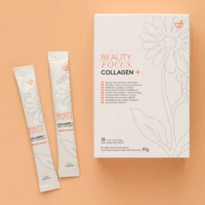 Foto de la caja y los sobres de Beauty Focus Collagen +